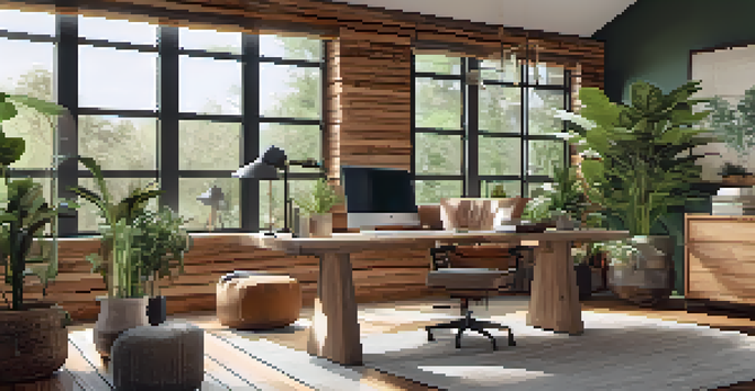 A spacious living room with a home office setup, large windows, plants, and eco-friendly furniture, showcasing a harmonious blend of work and relaxation.