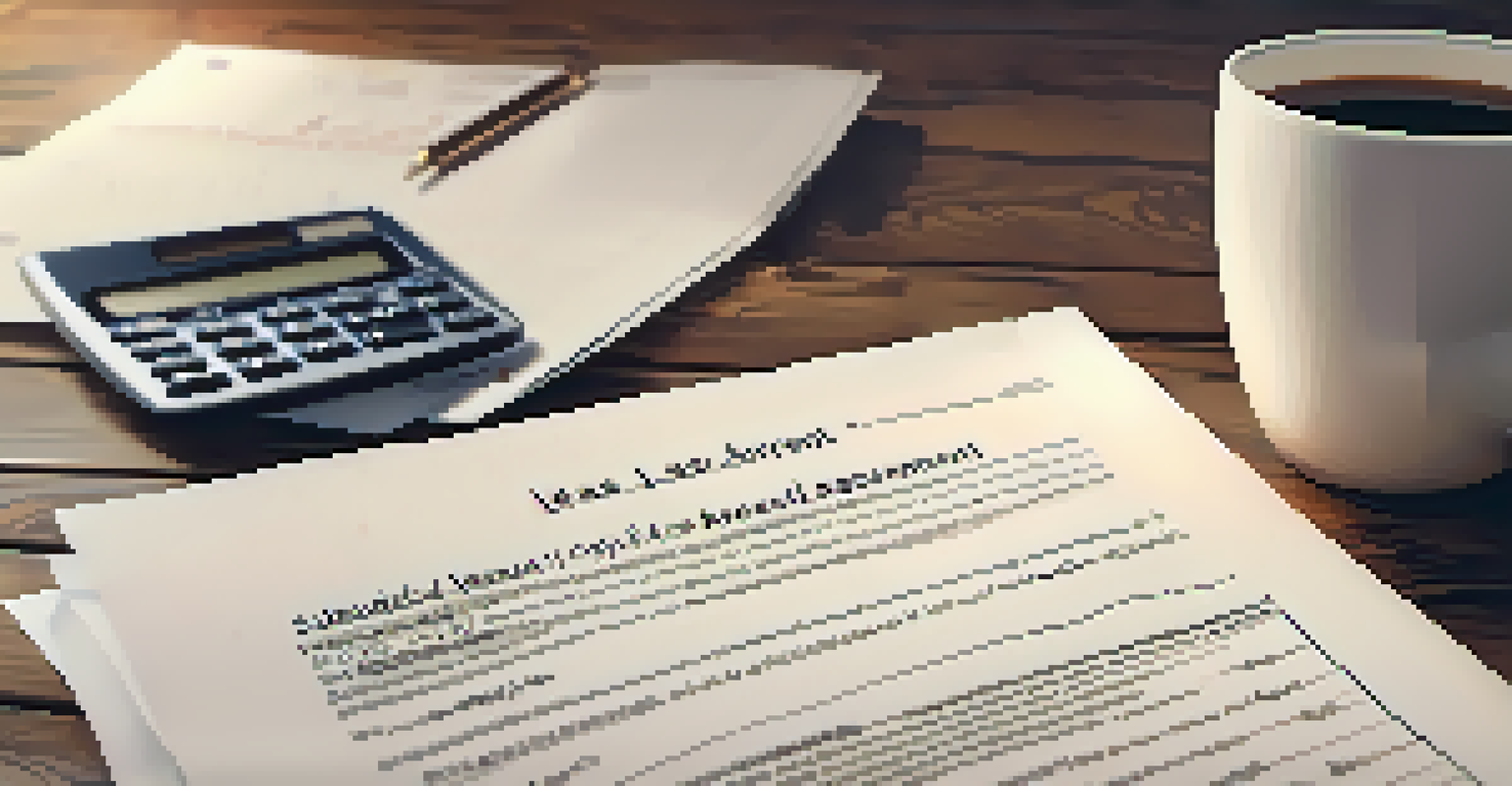 A close-up view of a commercial lease agreement on a wooden desk with a pen, calculator, and cup of coffee.