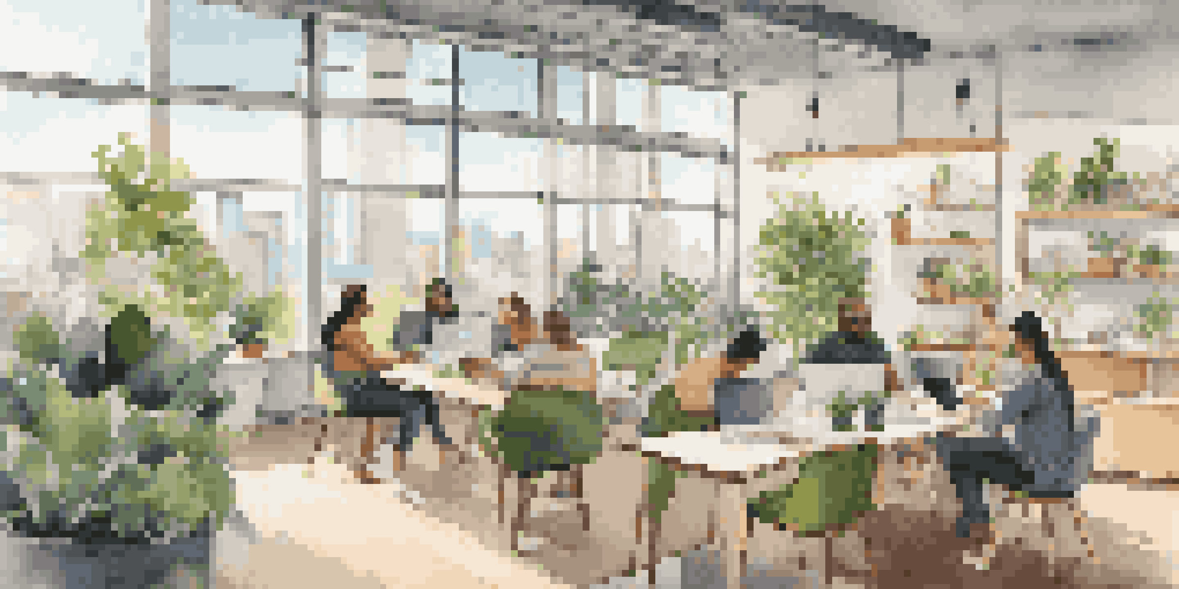 A modern co-working space with people working together, large windows showing a city skyline, and green plants around.