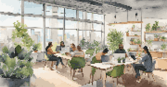 A modern co-working space with people working together, large windows showing a city skyline, and green plants around.