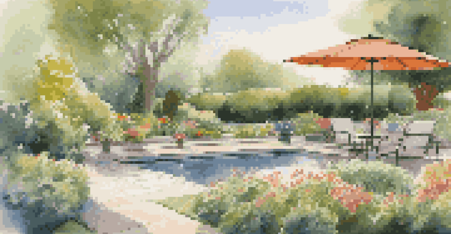 A vibrant garden being watered by a smart irrigation system under a sunny sky, with colorful flowers and comfortable chairs nearby.