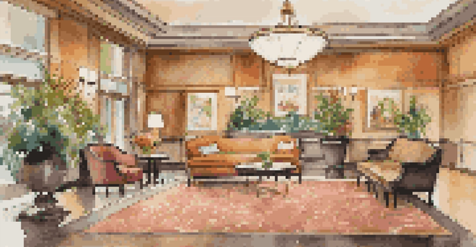 A welcoming hotel lobby with elegant furnishings and warm lighting, showcasing guests checking in and comfortable seating areas.