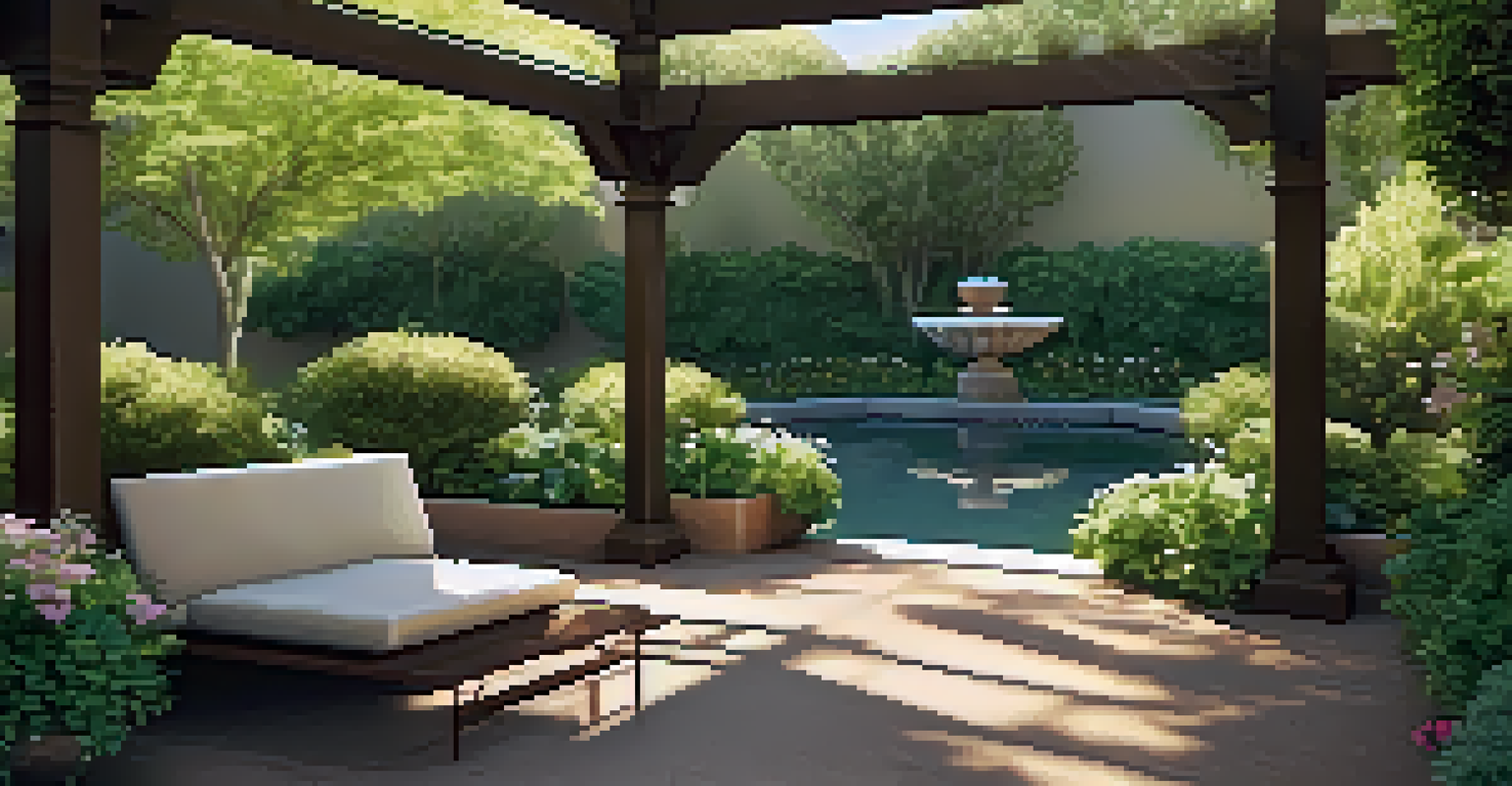 A meditation corner surrounded by greenery and flowers, featuring a mat under a pergola and a small fountain.