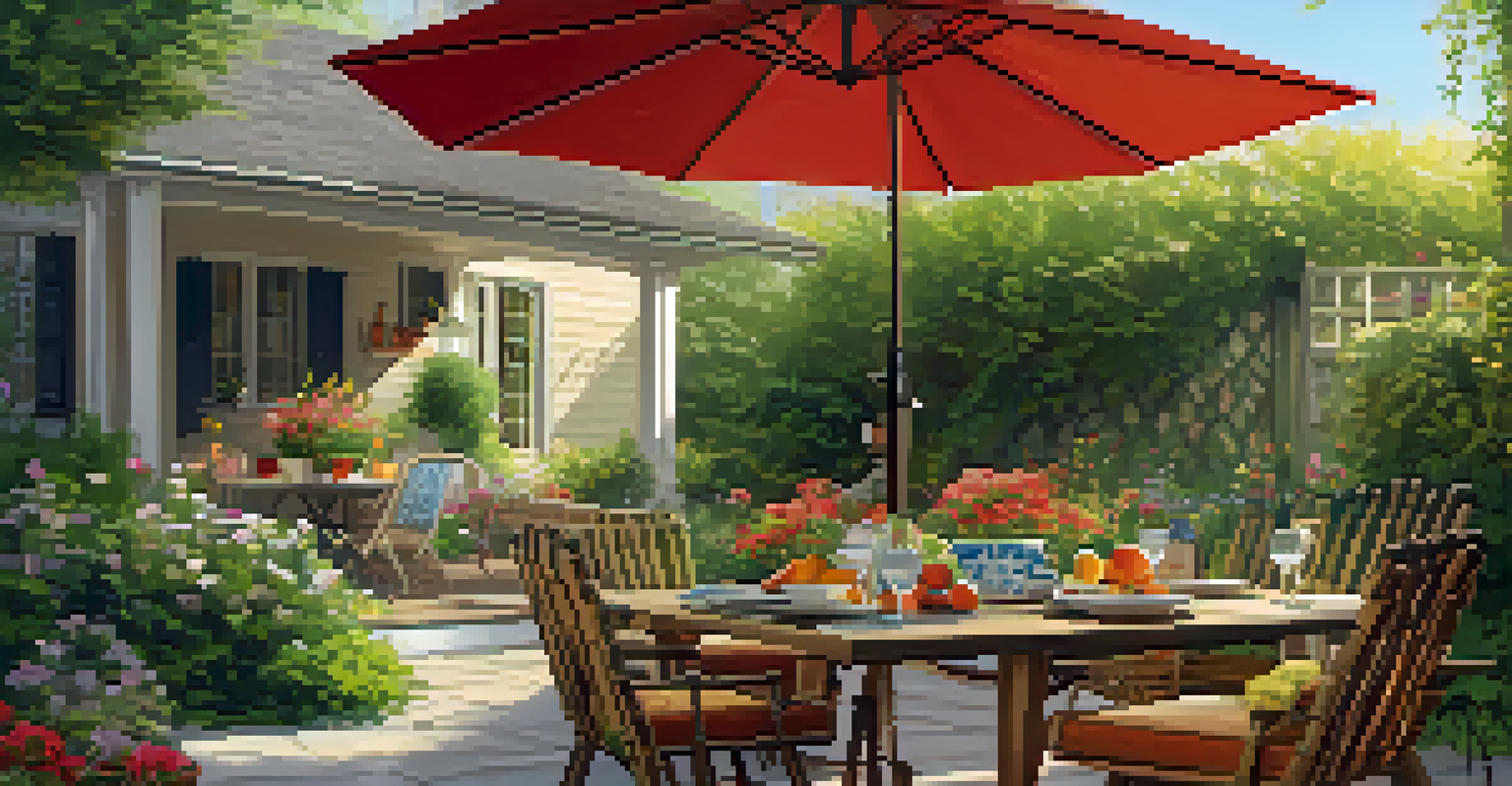 A sunny backyard with a shaded seating area under a pergola, a colorful umbrella over a dining table, surrounded by greenery and flowers.