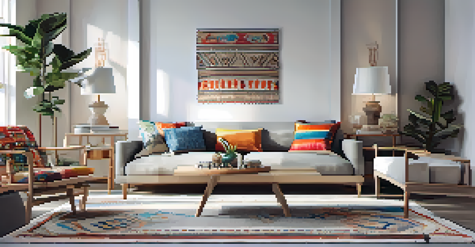 A stylish living room blending Scandinavian design with colorful Moroccan textiles.