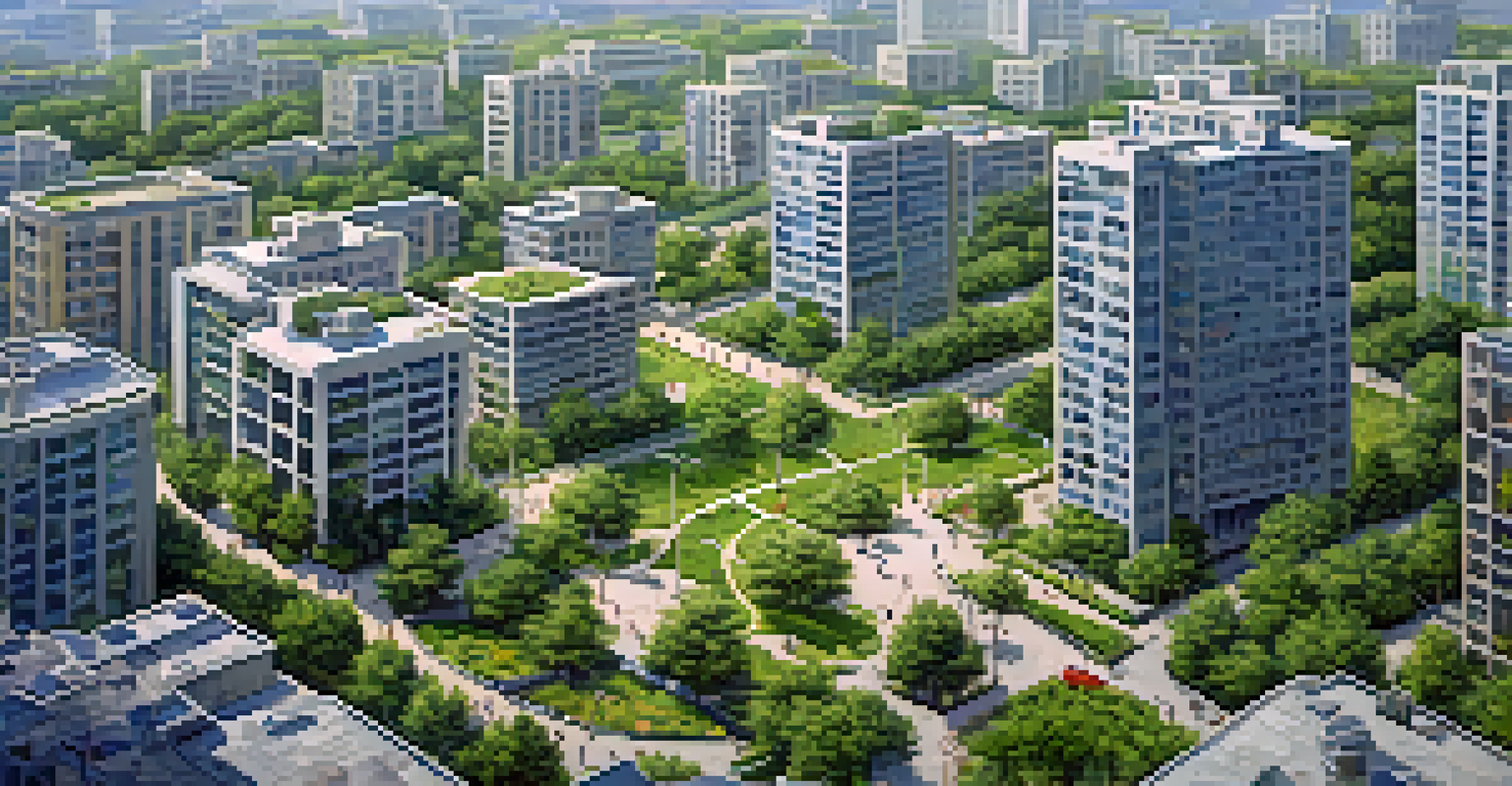 An aerial perspective of a dense cityscape featuring high-rise buildings, parks, and active transportation options.