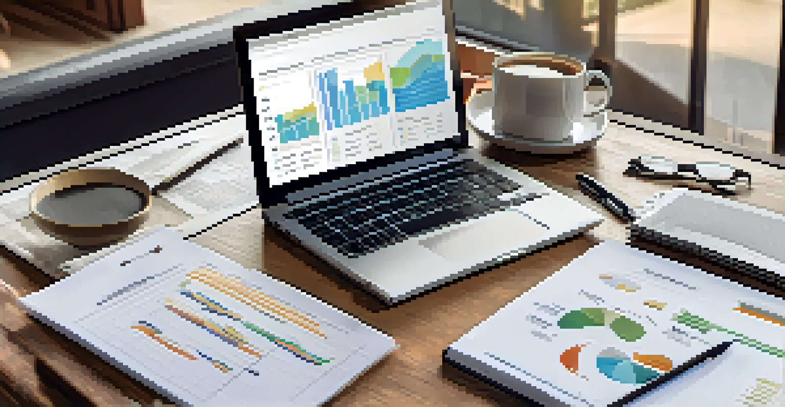 Flat lay of a real estate analysis report with graphs and a laptop, set on a wooden desk with a coffee cup.
