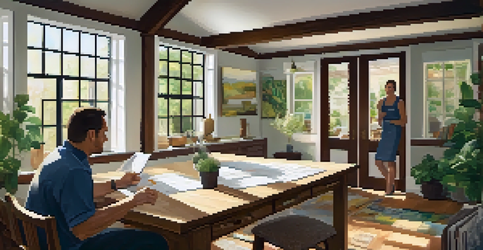 A local contractor and a homeowner discussing renovation plans in a sunlit living room filled with wooden beams and samples.