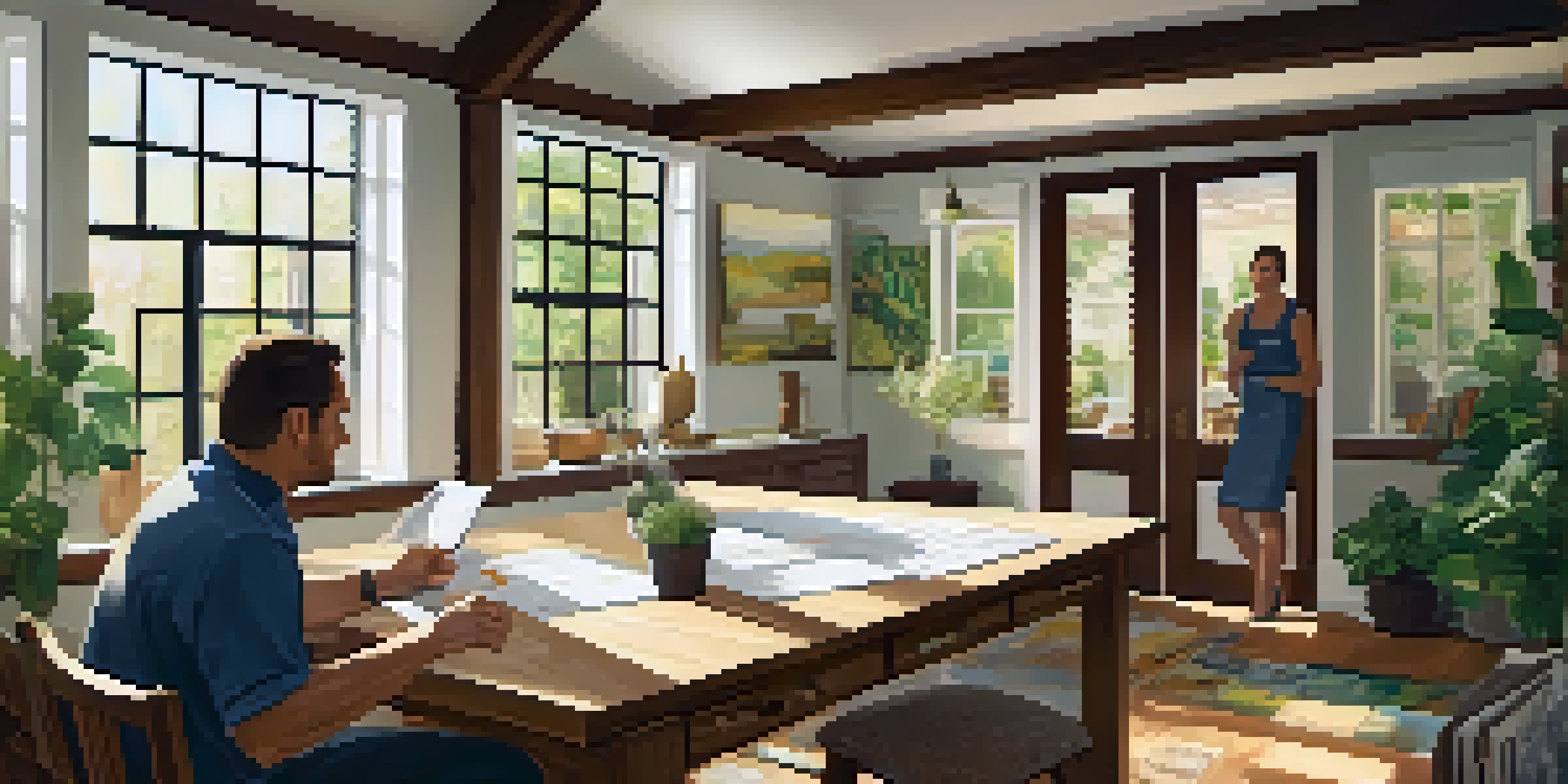 A local contractor and a homeowner discussing renovation plans in a sunlit living room filled with wooden beams and samples.