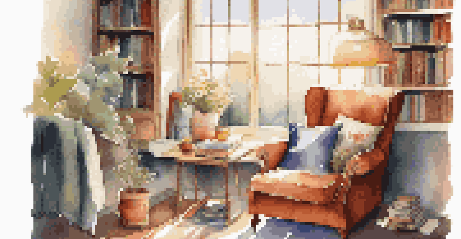A cozy reading nook with a comfortable chair and a bookshelf, bathed in sunlight.