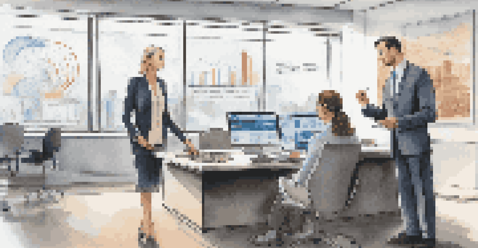 A financial advisor showing a client digital syndication opportunities in a modern office.