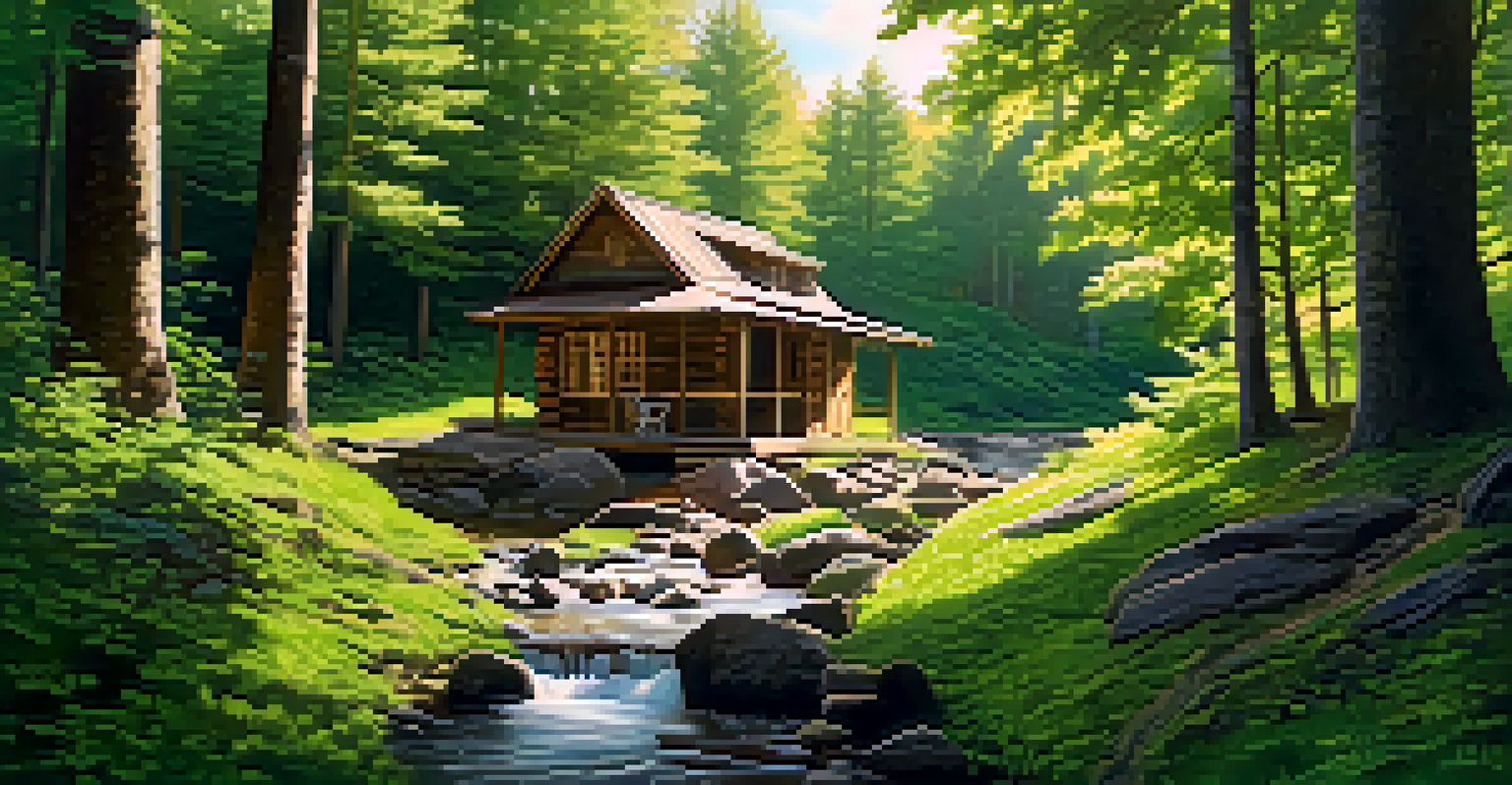A tranquil wooden cabin in a green forest with sunlight filtering through the trees.