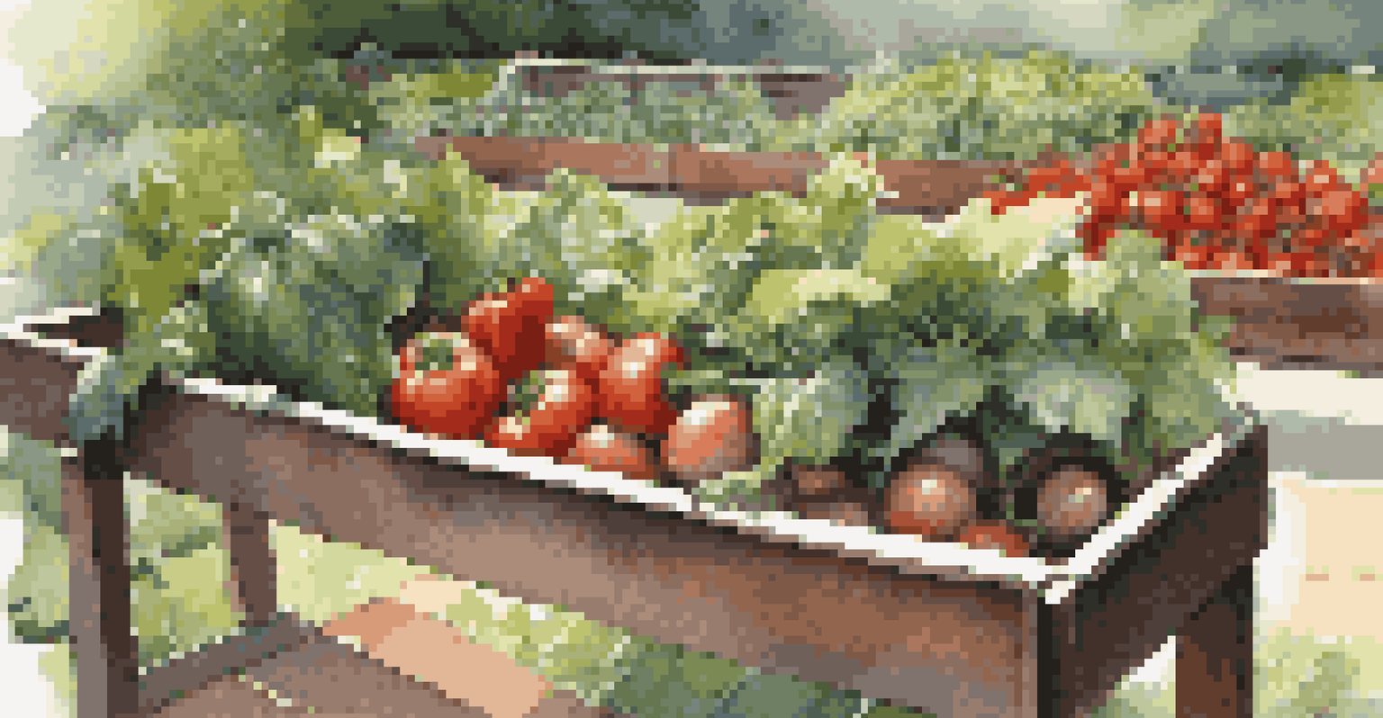 A close-up of a raised garden bed filled with vibrant vegetables and a wooden bench in the background.