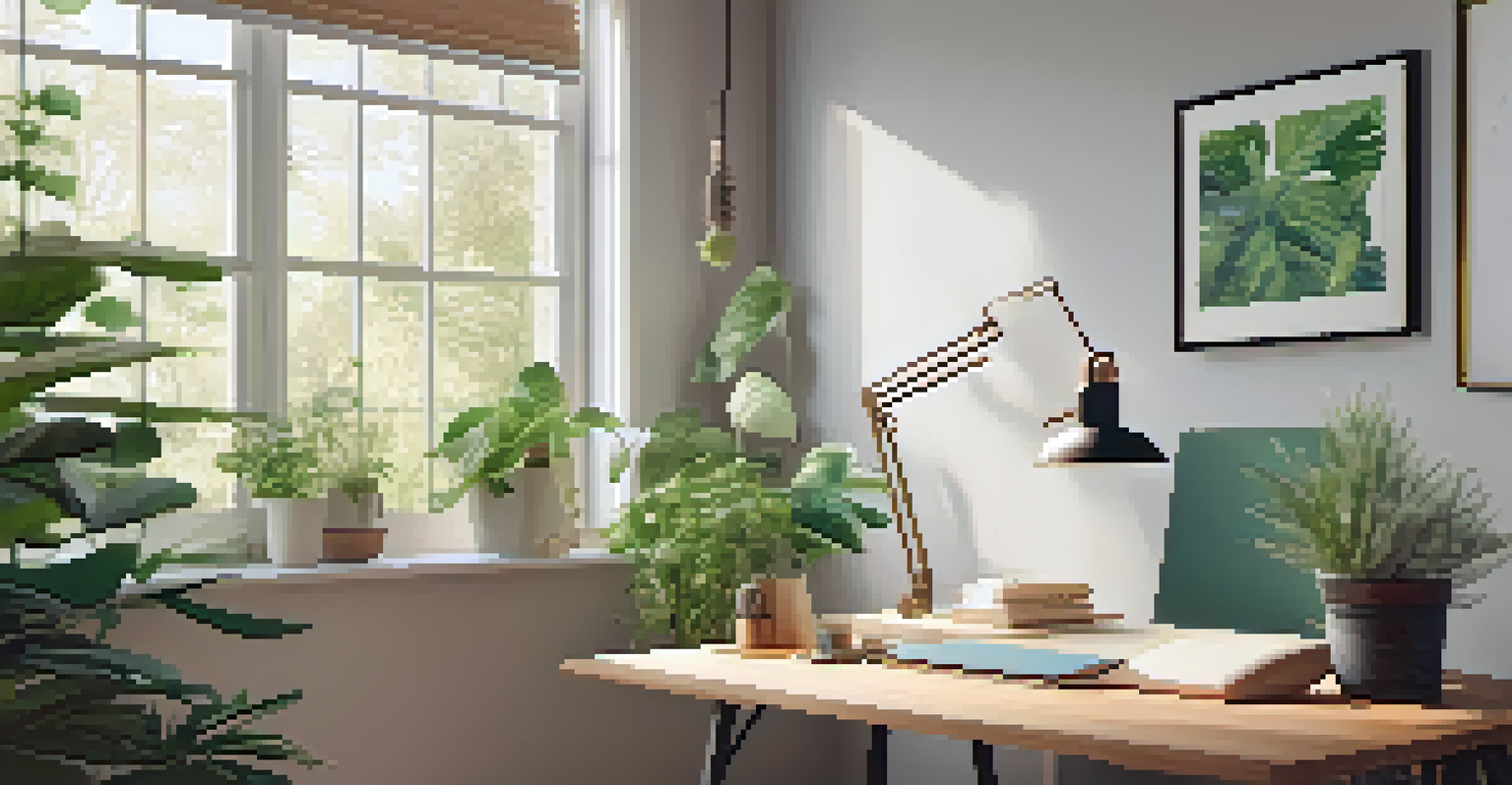 A peaceful home office corner with a standing desk, yoga mat, indoor plants, and soft lighting, promoting wellness and relaxation.