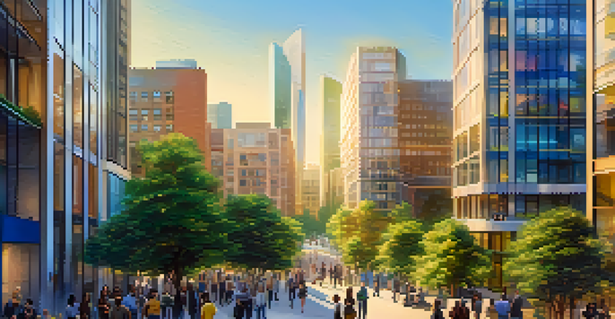 A diverse group of investors interacting with a digital display of real estate projects in a vibrant cityscape.