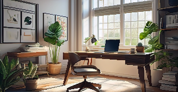A modern home office with a wooden desk, laptop, indoor plants, and warm sunlight.