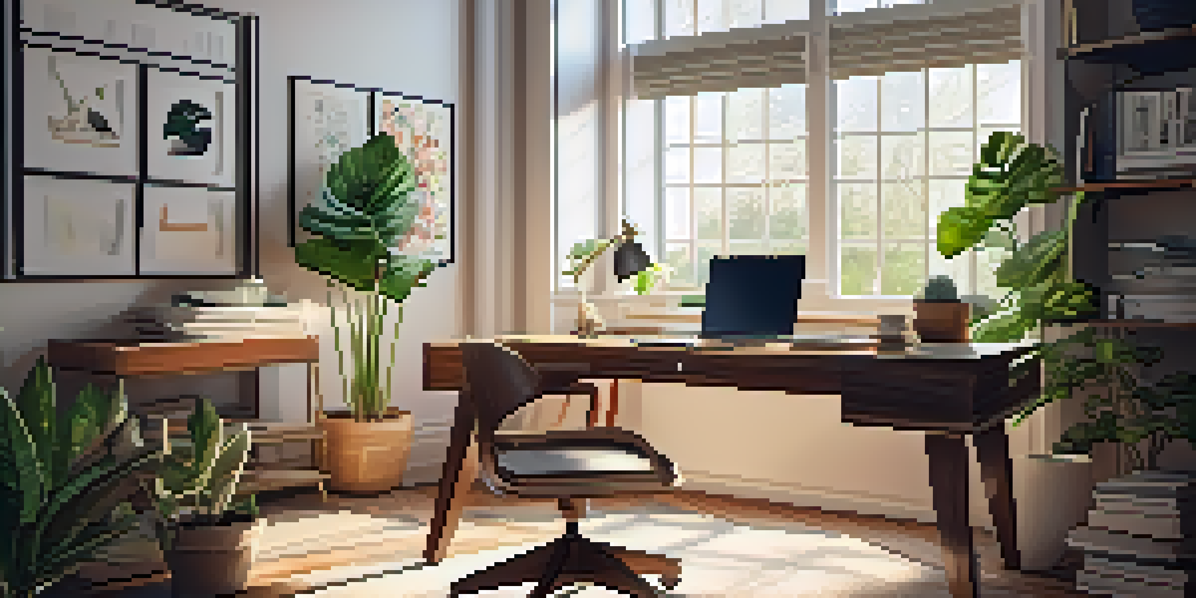 A modern home office with a wooden desk, laptop, indoor plants, and warm sunlight.