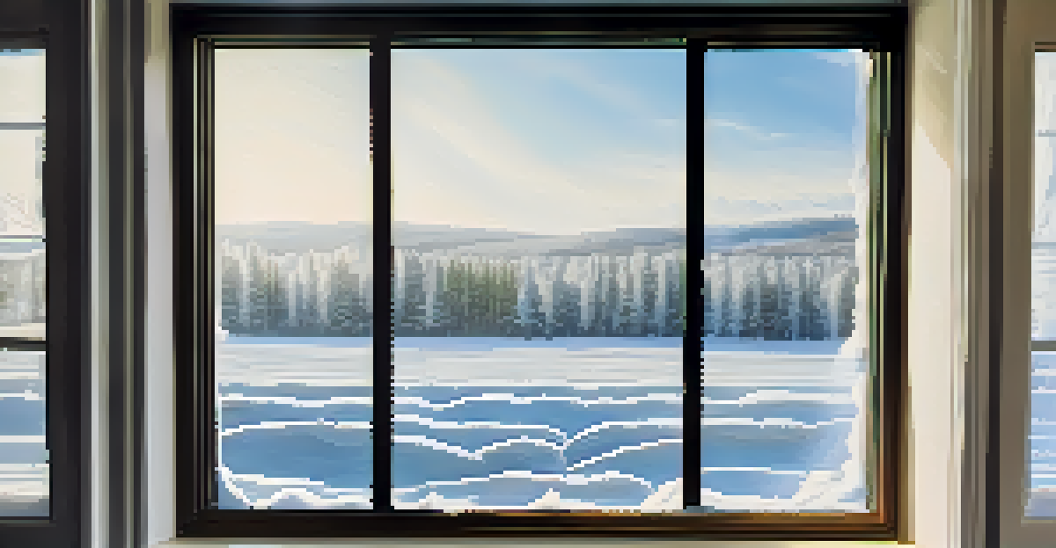 A close-up of a double-glazed window with an air gap and low-emissivity coating against a snowy backdrop.