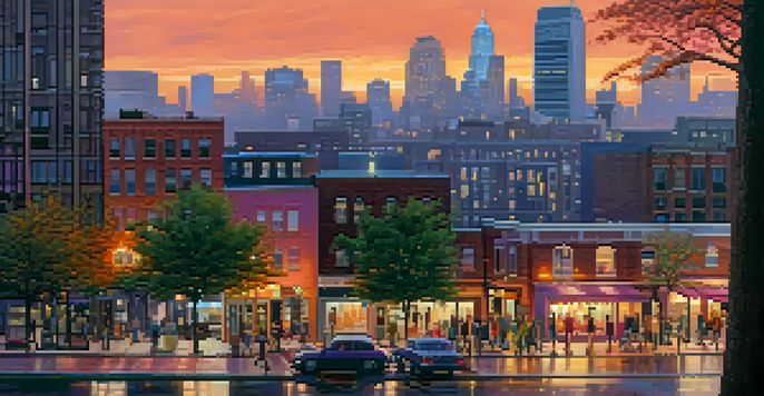 A vibrant sunset over a city skyline with modern skyscrapers and older buildings, bustling streets, and glowing café lights.