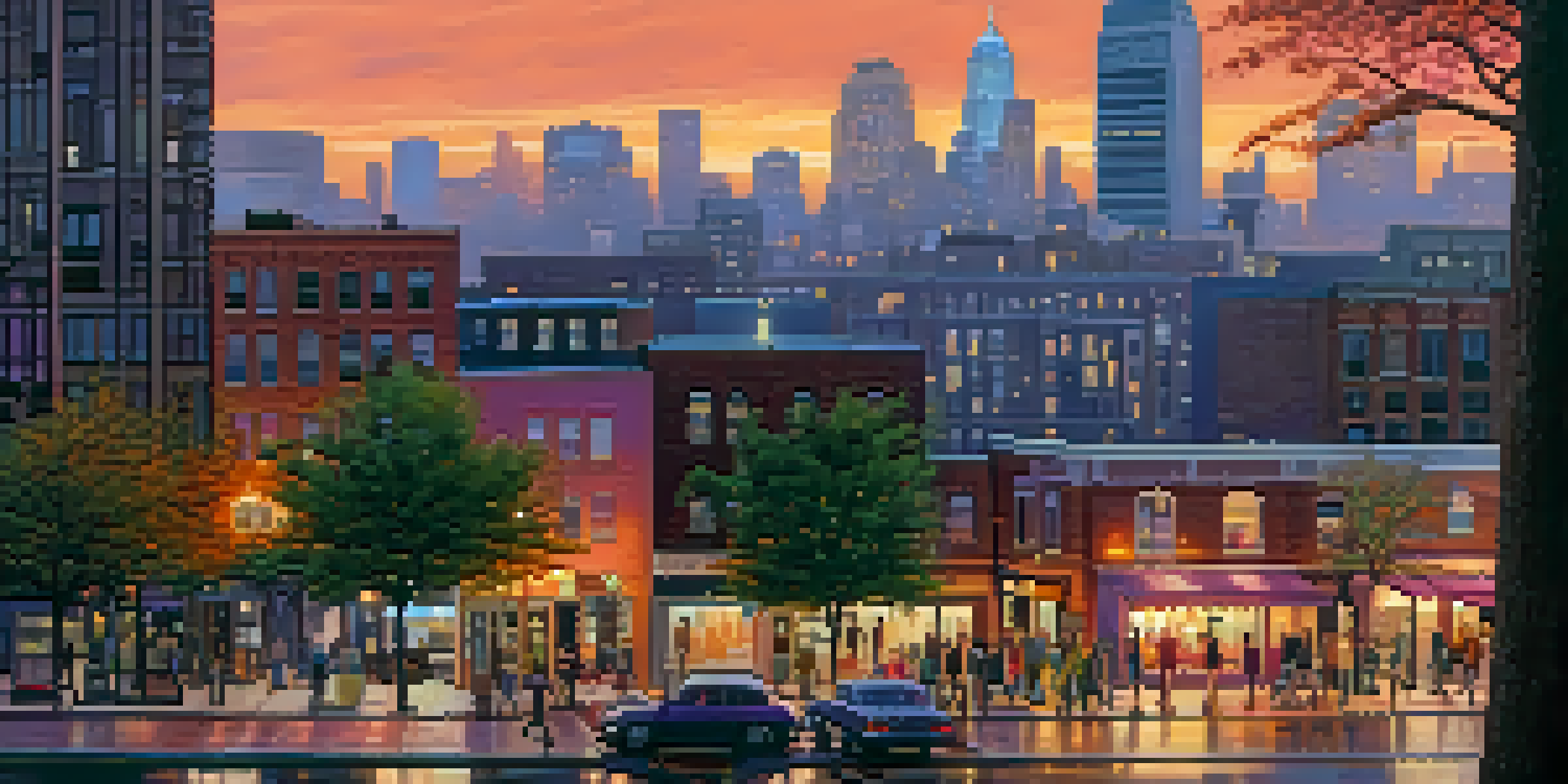 A vibrant sunset over a city skyline with modern skyscrapers and older buildings, bustling streets, and glowing café lights.