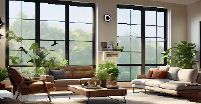 A cozy living room with a smart thermostat on the wall, warm lighting, modern furniture, and a smartphone on the coffee table.