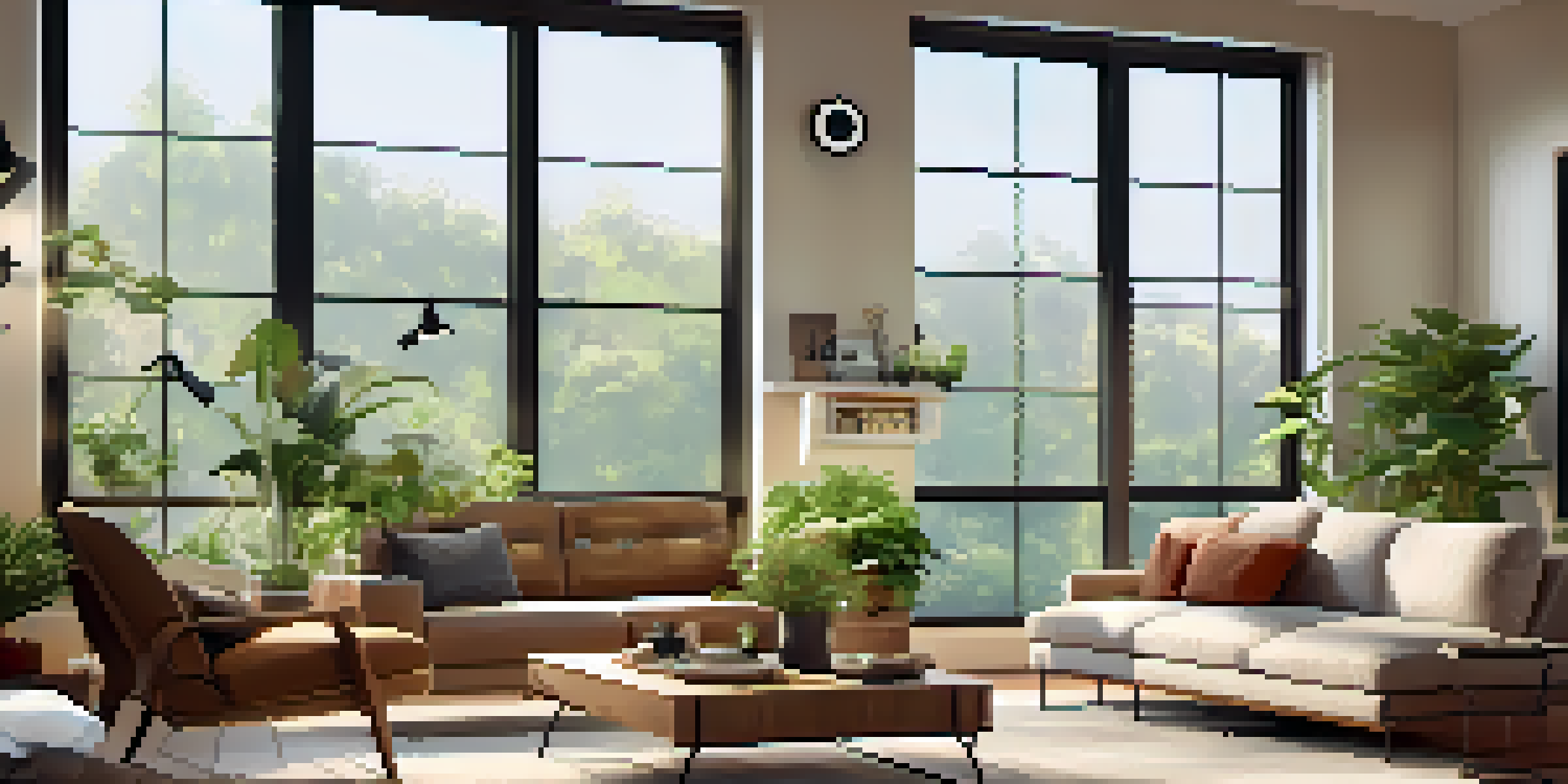 A cozy living room with a smart thermostat on the wall, warm lighting, modern furniture, and a smartphone on the coffee table.