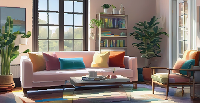 A bright and cozy living room with large windows, a comfortable couch, and a bookshelf filled with books.