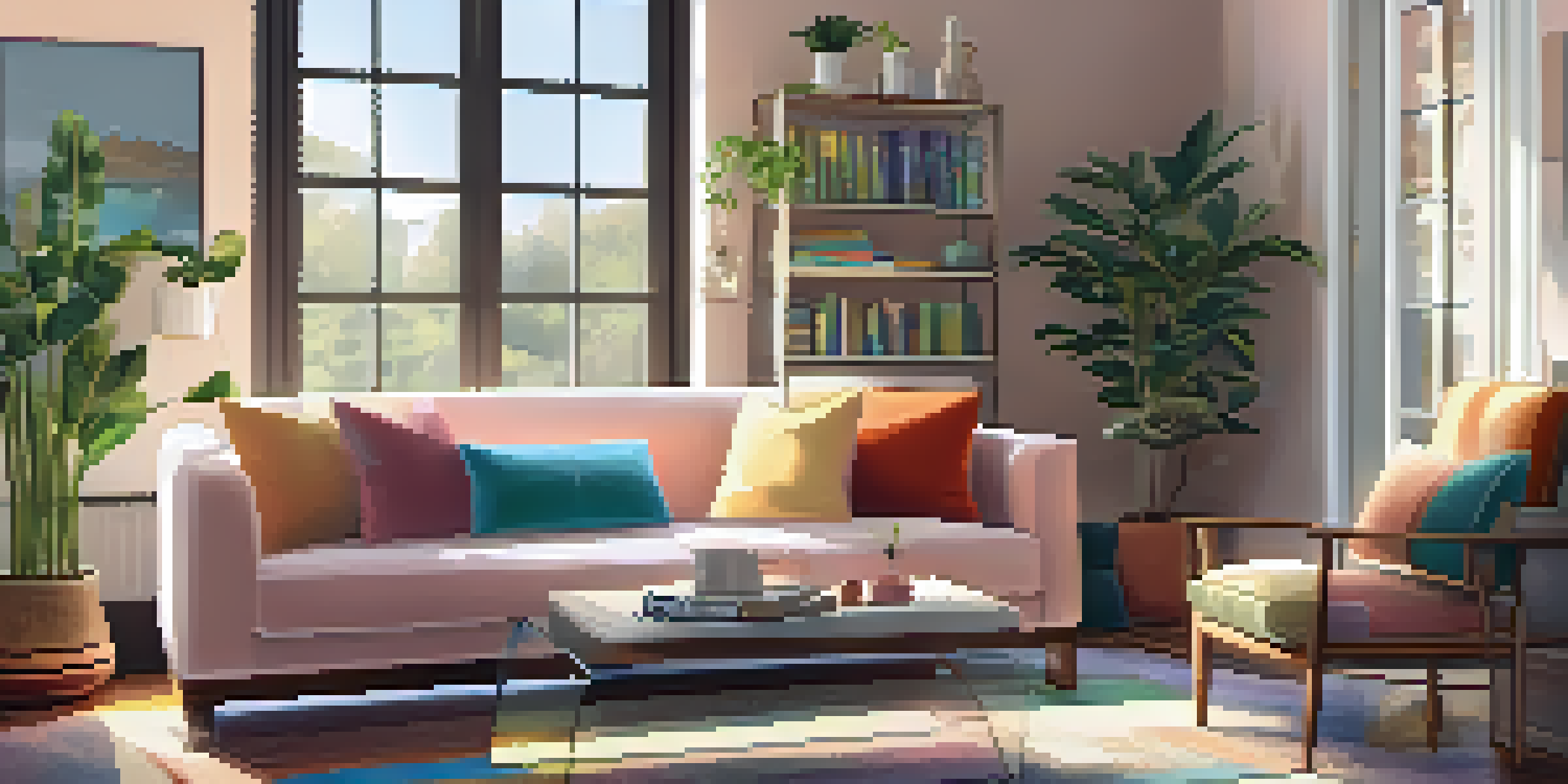 A bright and cozy living room with large windows, a comfortable couch, and a bookshelf filled with books.