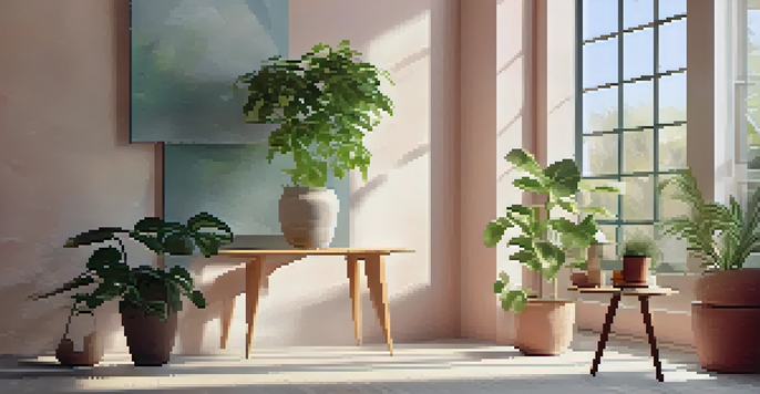 A bright interior room with pastel-colored walls, sunlight streaming through windows, and a potted plant in the foreground.