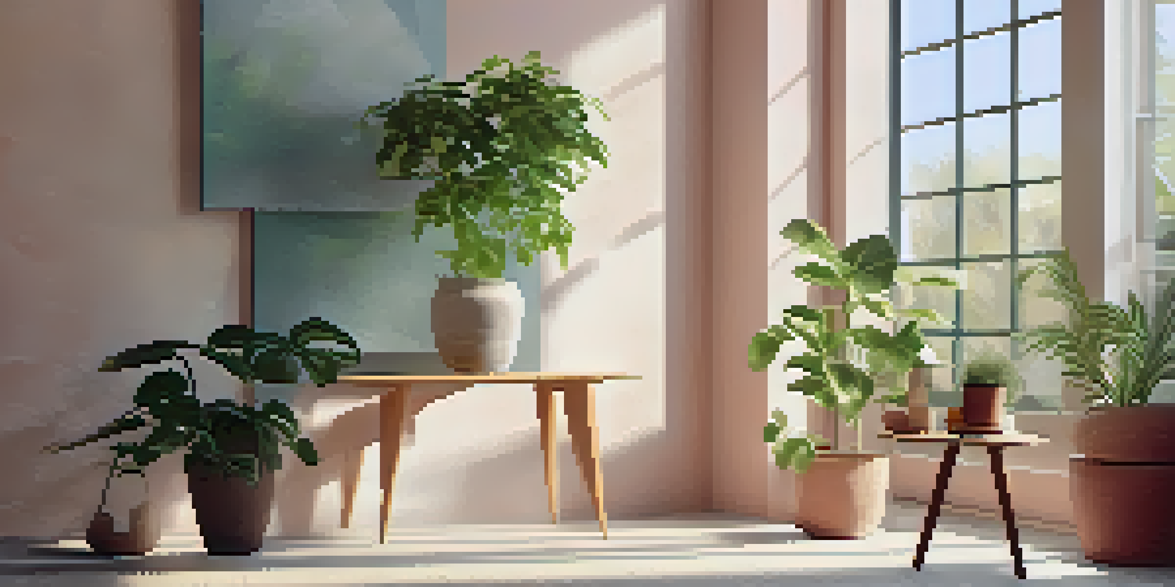 A bright interior room with pastel-colored walls, sunlight streaming through windows, and a potted plant in the foreground.