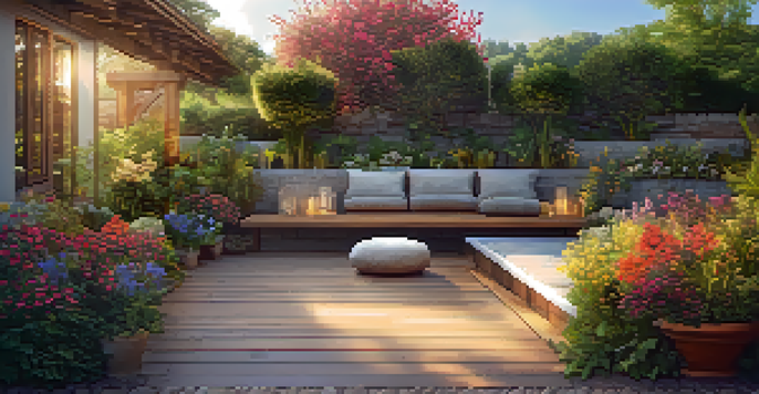 A peaceful outdoor patio with natural stone and wooden decking, illuminated by golden sunlight and surrounded by greenery and flowers.