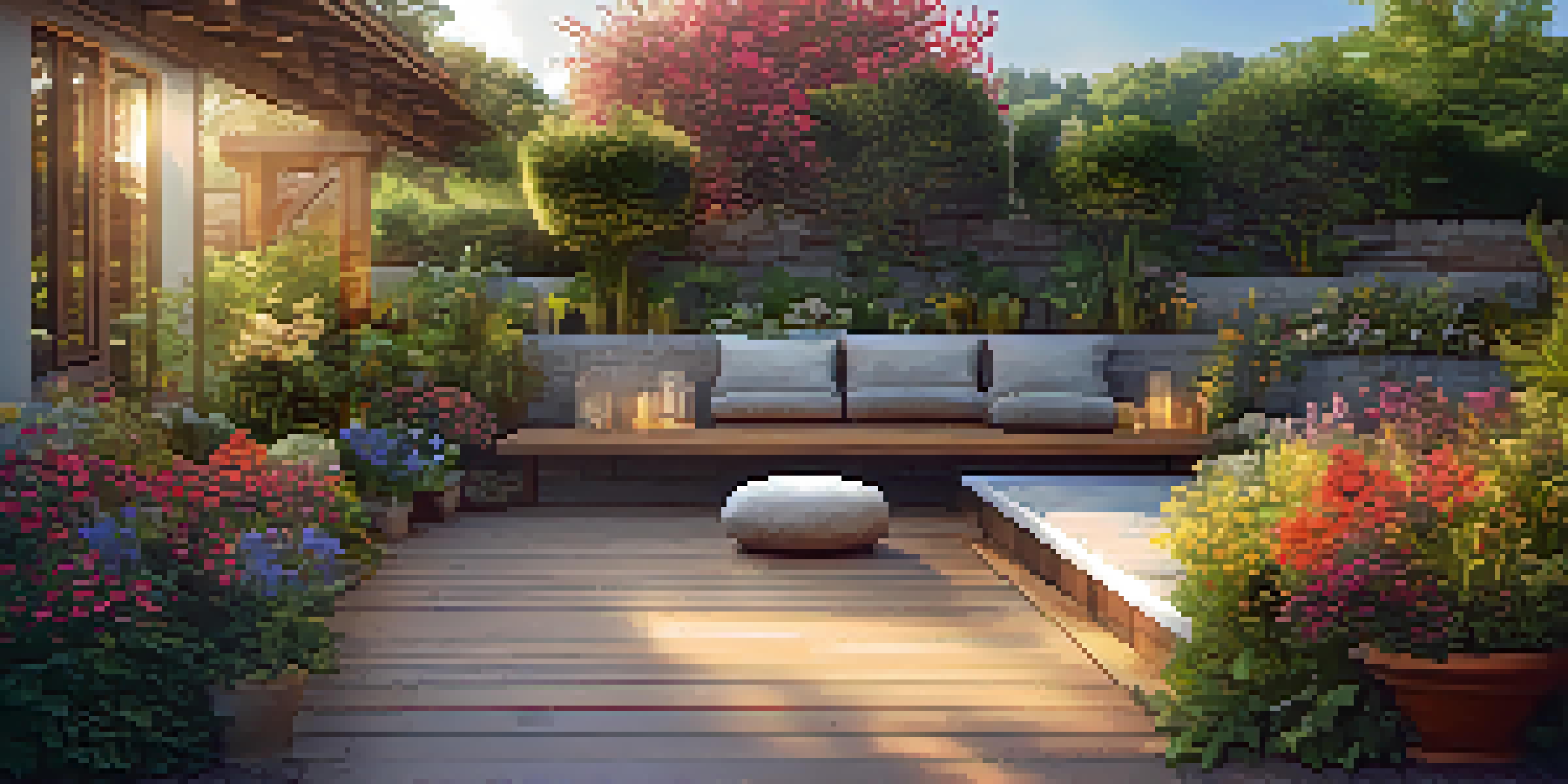 A peaceful outdoor patio with natural stone and wooden decking, illuminated by golden sunlight and surrounded by greenery and flowers.