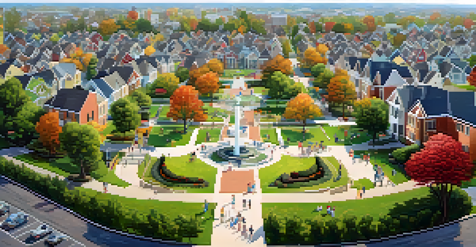 Aerial view of a lively neighborhood with a central park filled with people and colorful houses surrounding it.