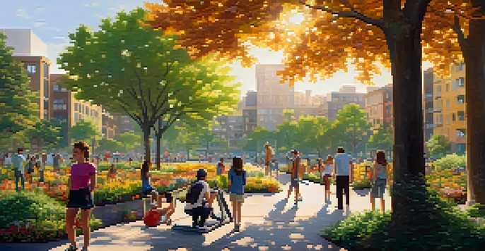 A lively urban park with people enjoying outdoor activities surrounded by greenery and modern buildings.