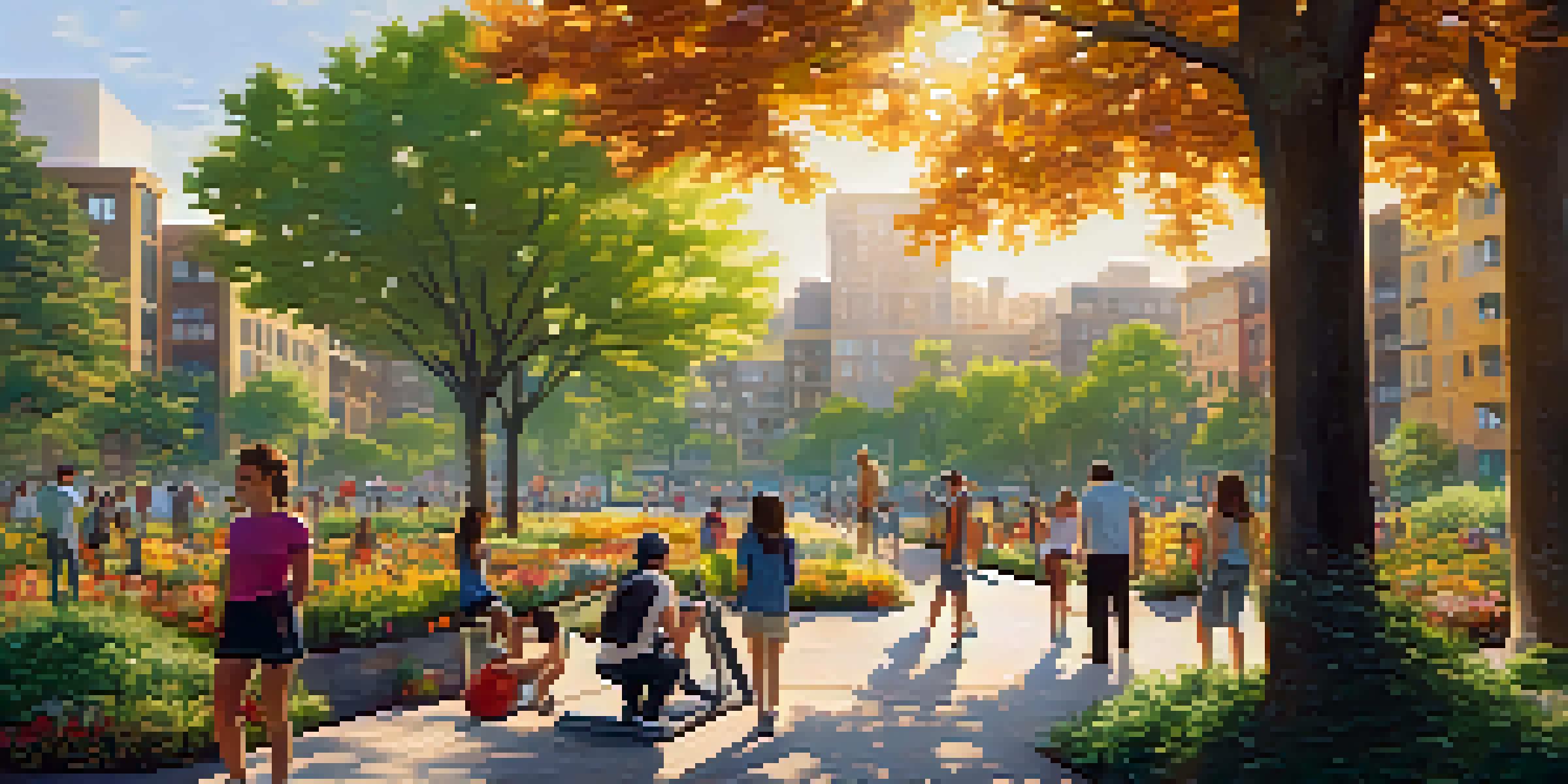 A lively urban park with people enjoying outdoor activities surrounded by greenery and modern buildings.