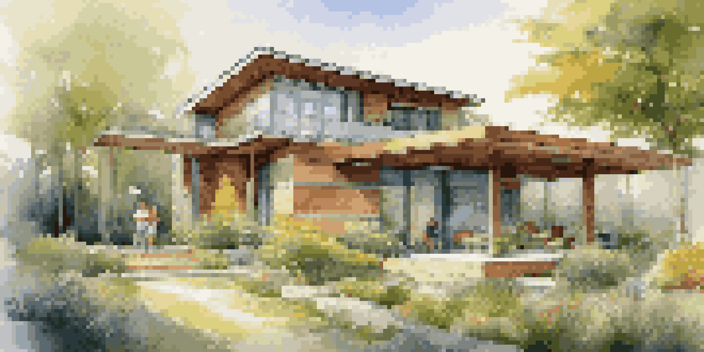 A contemporary green home with solar panels, surrounded by a vibrant garden, where a family plays in the sunlight.