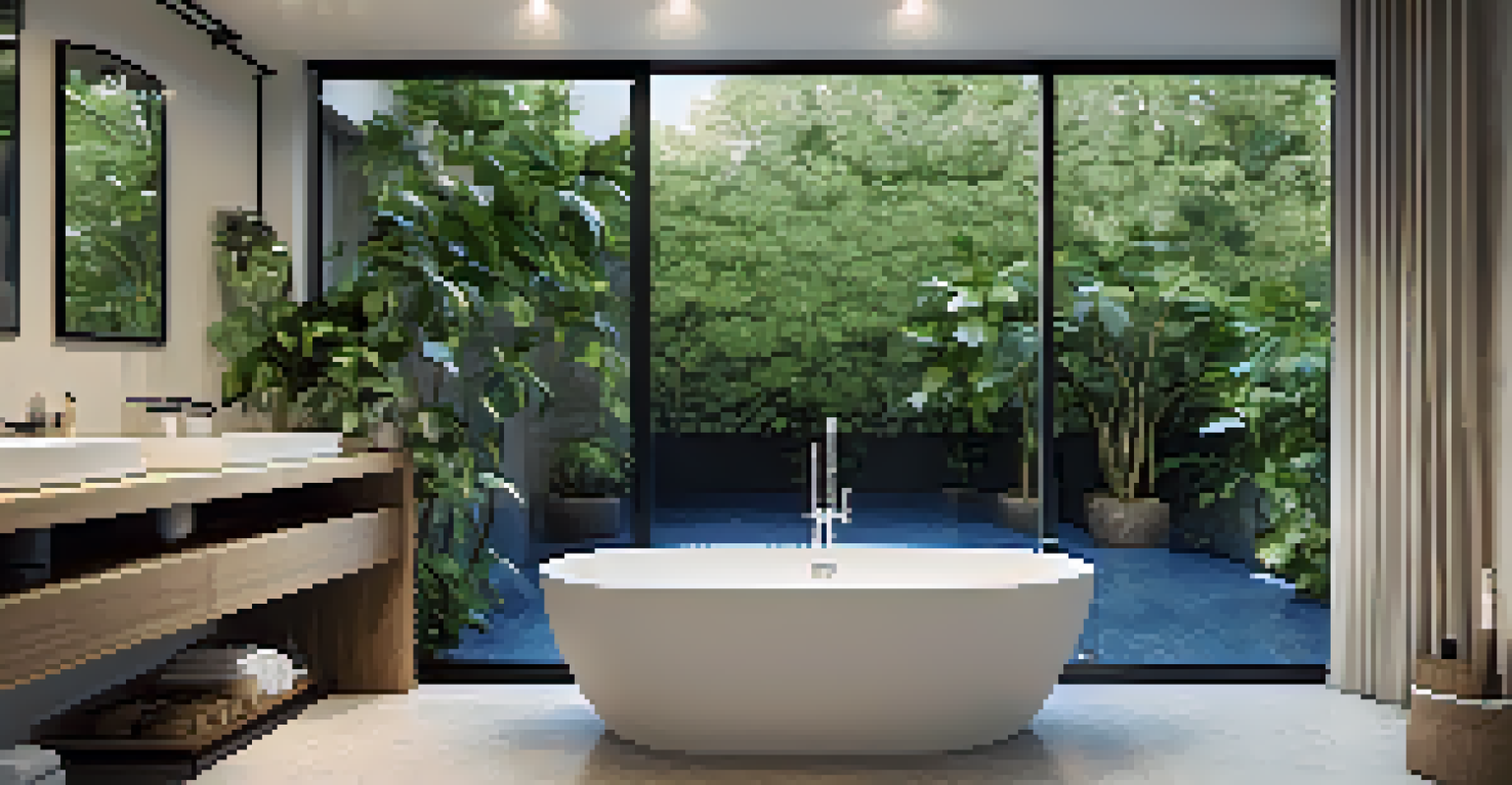 A stylish modern bathroom with a freestanding bathtub, elegant tiles, and soft lighting, enhanced by green plants.