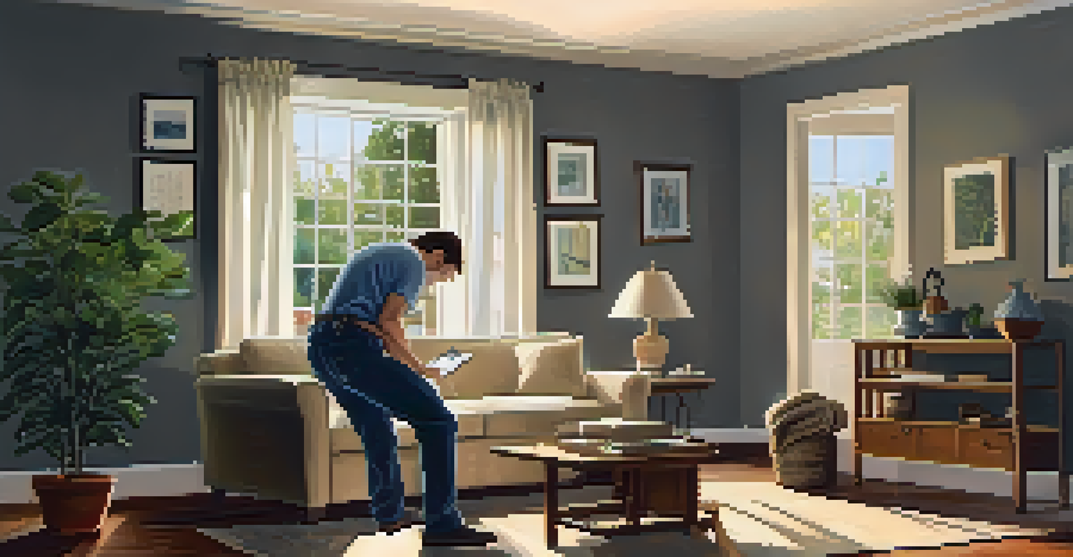 A home inspector examining electrical wiring in a well-lit living room, showcasing a cozy home environment.