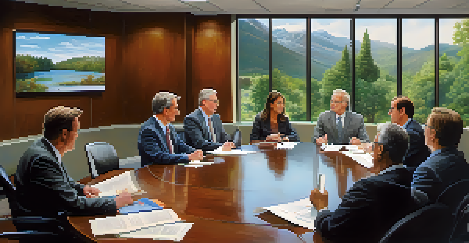 An HOA board meeting in a bright conference room where members are engaged in discussion and reviewing community documents.
