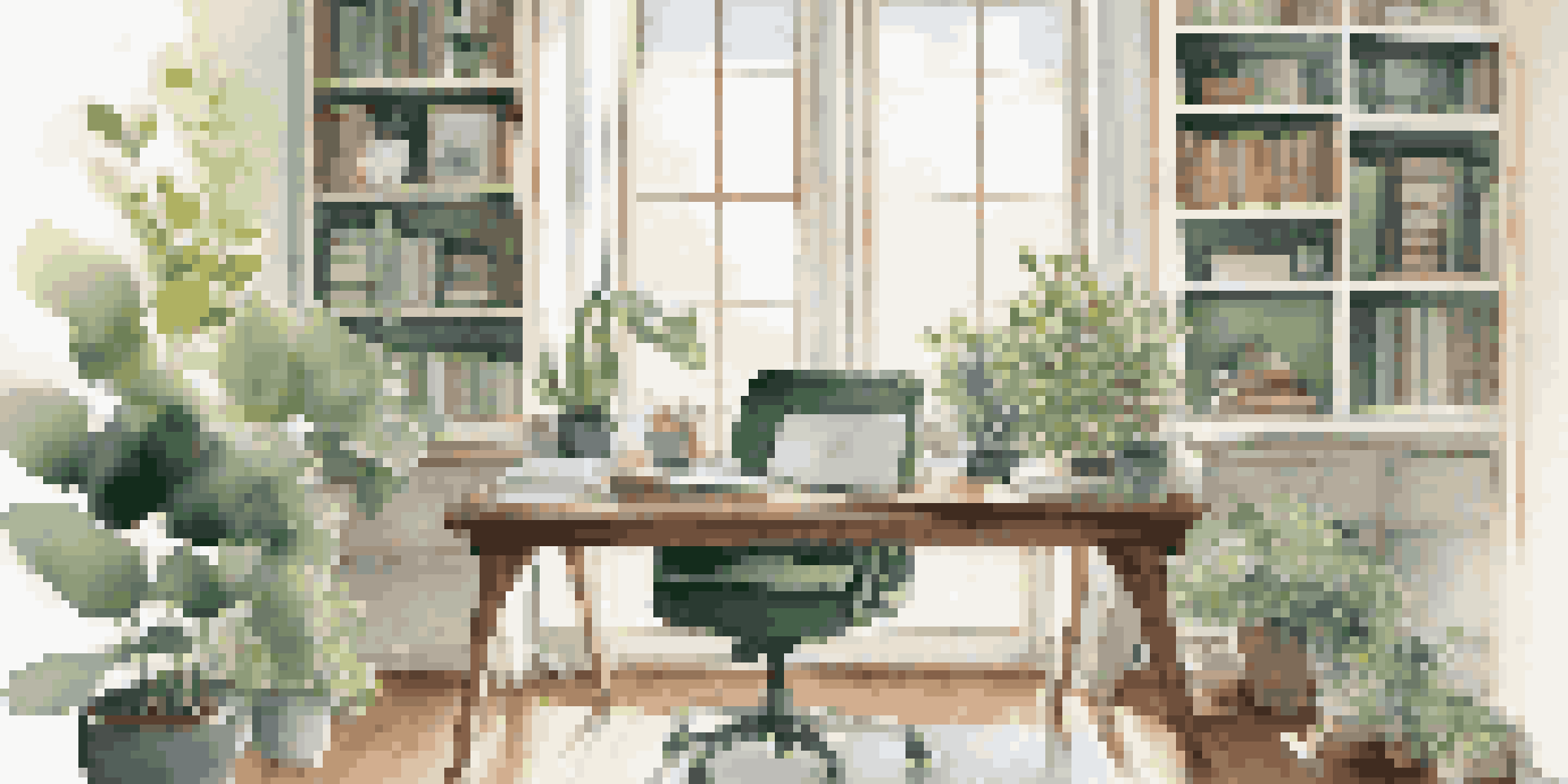 A bright and organized home office featuring a modern desk, chair, and natural light from a window, with bookshelves and decorative items.