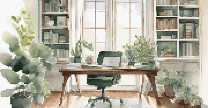 A bright and organized home office featuring a modern desk, chair, and natural light from a window, with bookshelves and decorative items.