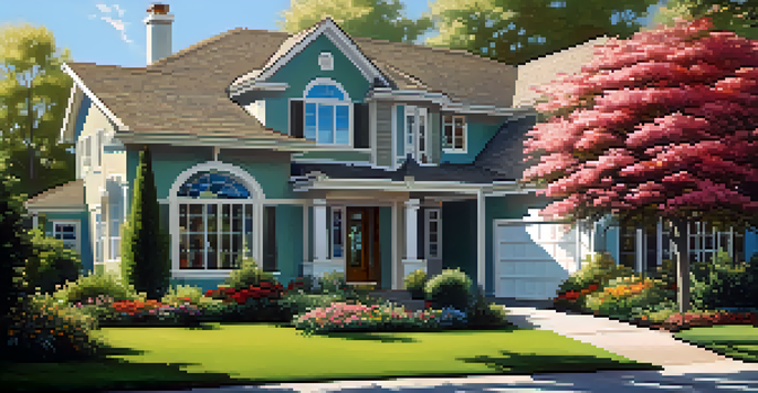 A modern family home in a beautiful landscape with greenery and flowers under a clear blue sky.