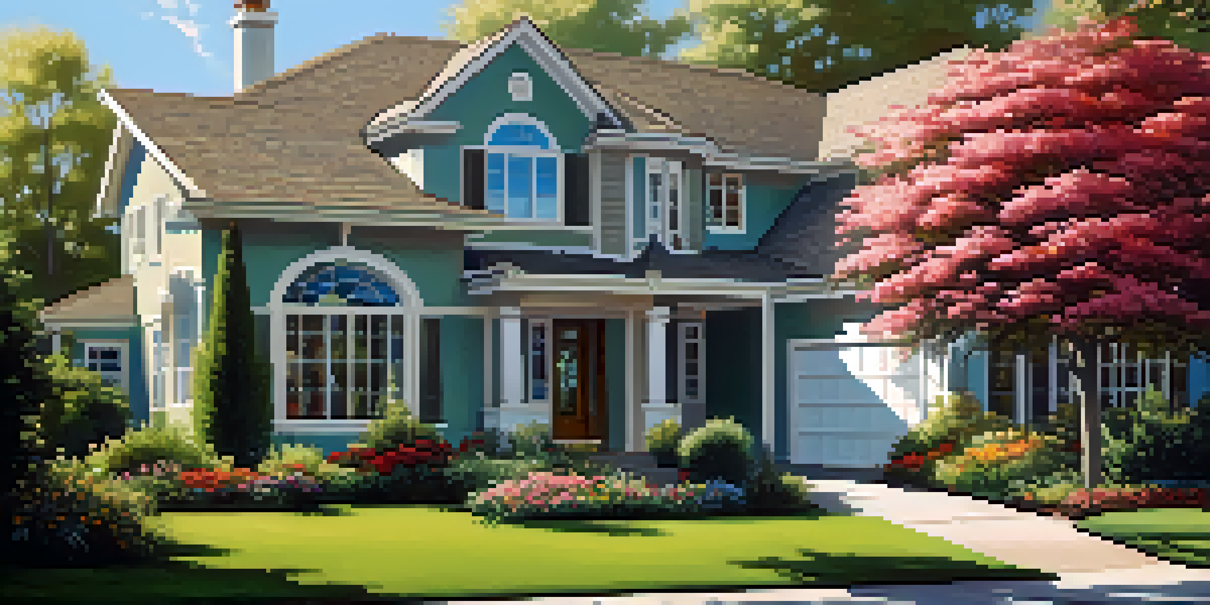 A modern family home in a beautiful landscape with greenery and flowers under a clear blue sky.