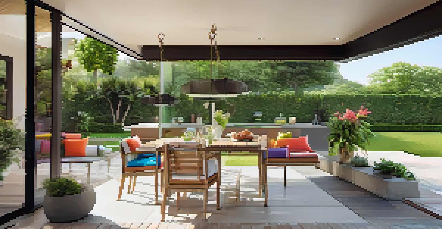 A beautiful outdoor patio connected to an open floor plan home, featuring a dining set and a safety gate with lush greenery around.