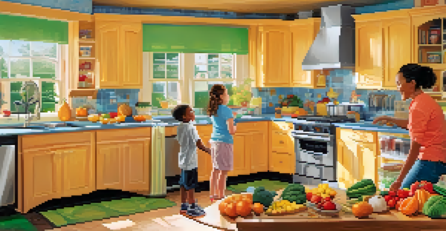 A vibrant kitchen scene where a parent is teaching a child about kitchen safety with childproofing measures in place.