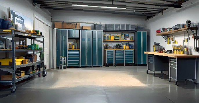 A tidy garage with organized tools on shelves and a secure deadbolt lock on the door, illuminated by soft lighting.