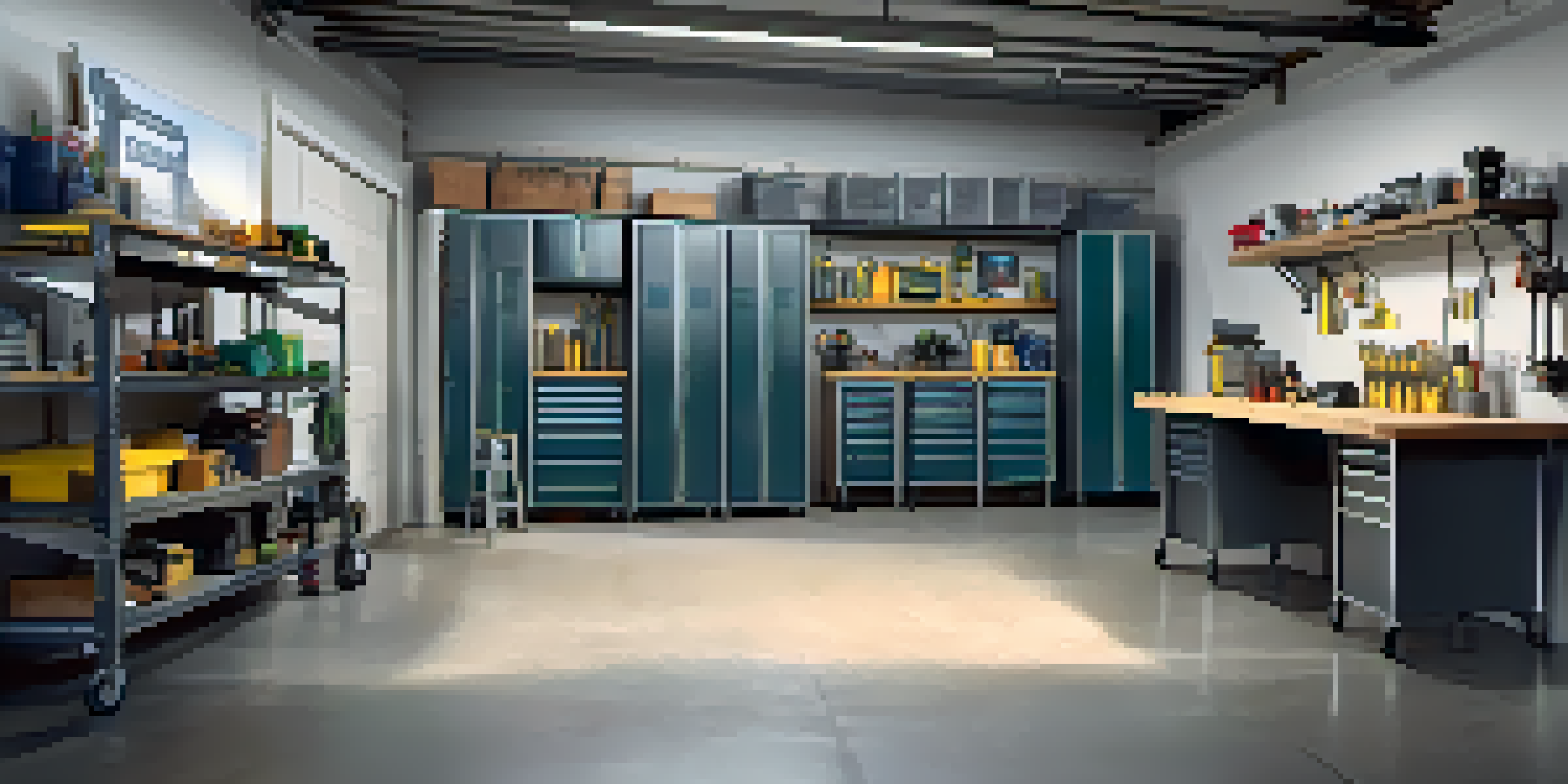 A tidy garage with organized tools on shelves and a secure deadbolt lock on the door, illuminated by soft lighting.