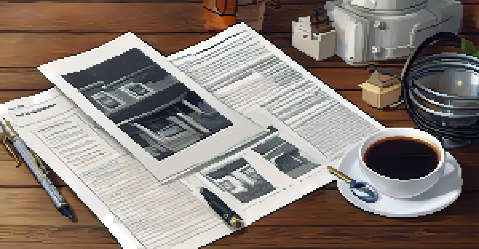 A home inspection report with photographs of issues, a pen, and a coffee cup on a wooden table.