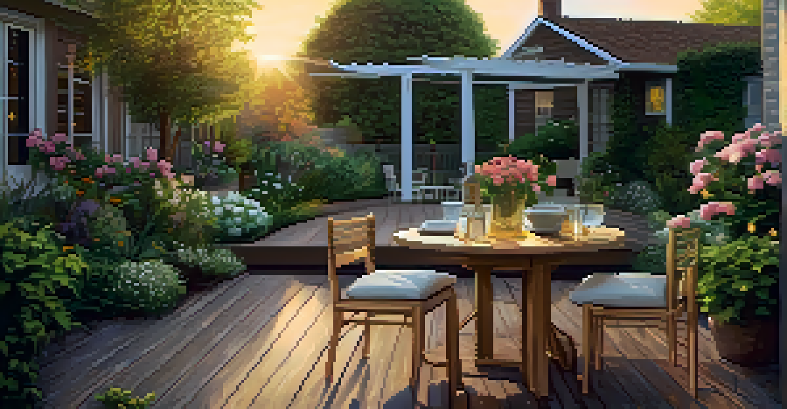 A tranquil backyard featuring a wooden deck and a sunset, surrounded by lush plants and flowers.