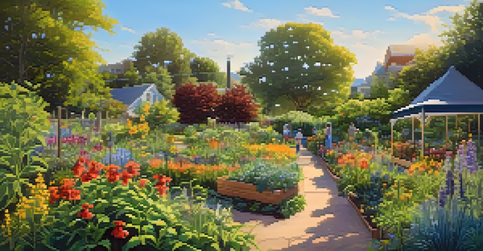 A colorful community garden with native plants and wildflowers, buzzing bees, and clear blue skies.